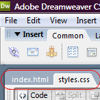 Переключение между файлами в Dreamweaver с использованием вкладок